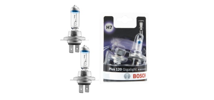Amazon: Lot de 2 Ampoules de Phare Halogène Bosch H7 Plus 120 Gigalight - 12V, 55W à 12,99€