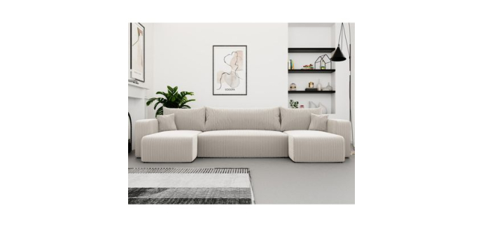 Cdiscount: Canapé d'angle Panoramique PIANO U - 7 places - Convertible avec coffre - Tissu velours côtelé - Crè