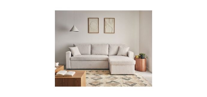 Cdiscount: Canapé d'angle réversible 4 places Cyrus - convertible avec coffre, velours côtelé beige à 389€