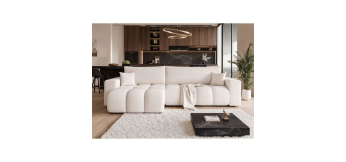 Cdiscount: Canapé d'angle réversible OFI - 5 places, convertible avec coffre, tissu crème à 668€