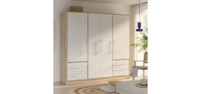 Cdiscount: Armoire 4 portes battantes + 6 tiroirs - Chêne et blanc - L 206 x P 60 x H 200 cm - JUPITER à 369,99