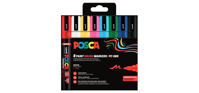 Amazon: Pack 8 Marqueurs peinture Posca PC5BR Brush base eau - Tout Support à 7,08€ (au lieu de 27€)