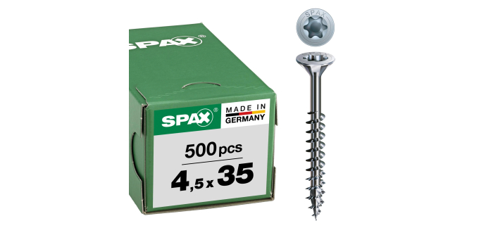 Amazon: Vis universelle SPAX - 500 pièces, 4,5 x 35 mm à 14,86€ (au lieu de 22,29€)