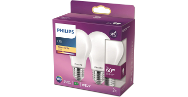 Amazon: Pack 2 ampoules LED Philips - E27, 60W, Blanc Chaud Dépolie à 5,84€ (au lieu de 7,86€)