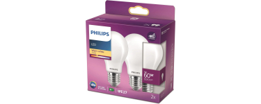Amazon: Pack 2 ampoules LED Philips - E27, 60W, Blanc Chaud Dépolie à 5,84€ (au lieu de 7,86€)