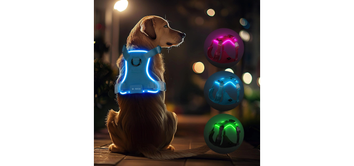 Amazon: Harnais lumineux LED rechargeable pour chien - Taille S à XL, 3 modes d'éclairage à 9,34€