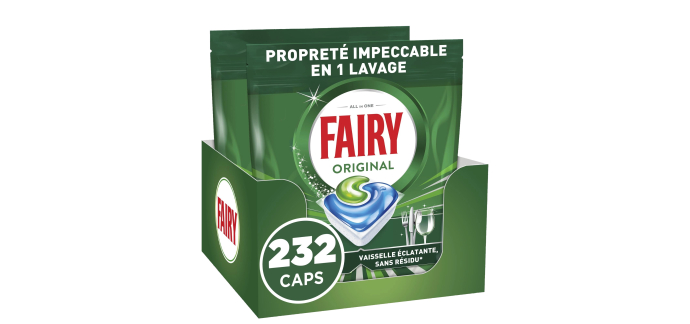 Amazon: Lot de 232 Tablettes Lave-Vaisselle Tout-en-1 Fairy Original à 27,93€ (au lieu de 43€)