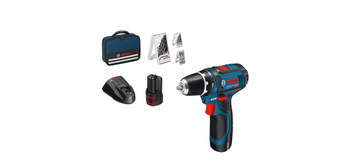 Amazon: Perceuse sans fil 12V Bosch Professional GSR 12V-15 - 2 batteries 2,0 Ah, 39 accessoires à 92,10€