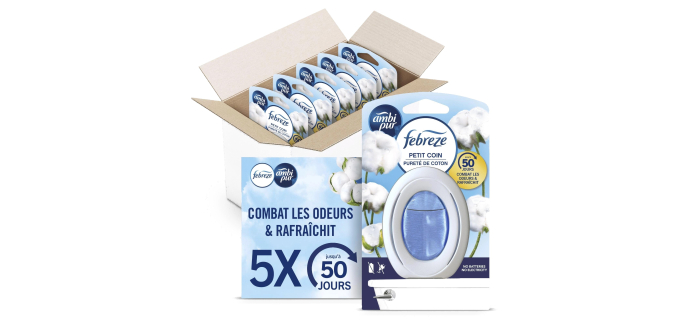 Amazon: 5 Désodorisant WC En Continu Febreze Petit Coin - 7.5ml x5, Parfum Pureté de Coton à 10,21€ (au lieu