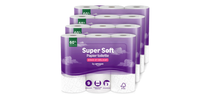 Amazon: Lot de 36 Rouleaux de Papier Toilette - 3 Épaisseurs, Matelassés à 12€ (au lieu de 15,68€)