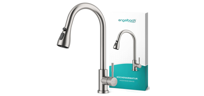Amazon: Robinet cuisine Engelbach - extensible, pivotant 360°, acier inox 304, 2 jets à 21,9€