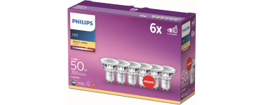 Amazon: Pack de 6 ampoules LED Philips - Culot GU10, 355lm, 50W à 10,99€ (au lieu de 20,66€)