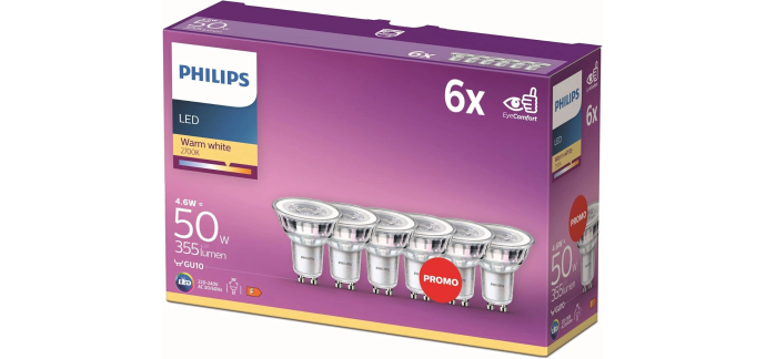 Amazon: Pack de 6 ampoules LED Philips - Culot GU10, 355lm, 50W à 10,99€ (au lieu de 20,66€)