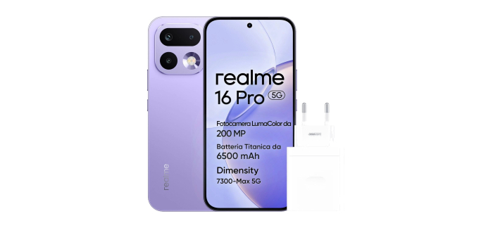 Amazon: Smartphone 6,78" Realme 16 Pro - 8/256 Go, 5G, AMOLED 144 Hz - écran à 270€ (au lieu de 285€)