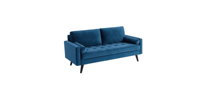 Sweeek: Canapé 3 places en velours bleu pétrole - style scandinave, pieds bois à 197,99€