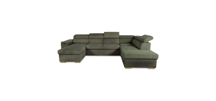 Cdiscount: Canapé d'angle convertible panoramique 5 à 6 places DAYTONA - Velours côtelé kaki - Avec coffre - L