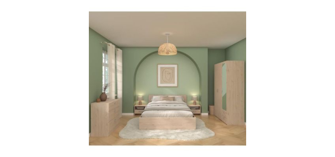 Cdiscount: Chambre complète adulte VARIA - Lit 140x190/200 + 2 chevets + commode + armoire avec miroir - Décor