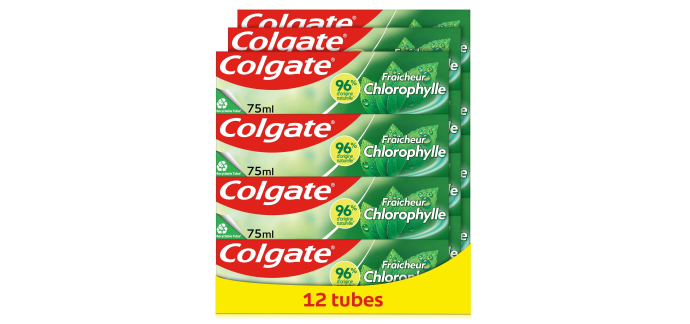 Amazon: Lot de 12 tubes de 75ml de dentifrice Colgate Fraîcheur Chlorophylle - Protection Émail à 11,56€