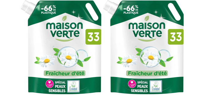 Amazon: Lot de 2 Recharges d'1,49L de Lessive Maison Verte Parfum Fraîcheur d'Été à 8,28€