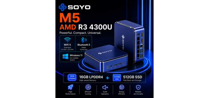 JoyBuy: SOYO M5 Mini PC AMD Ryzen 4300U - 16 Go RAM, SSD 512 Go, 4K triple affichage à 269,99€