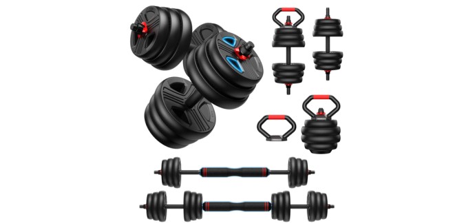 JoyBuy: FEIERDUN Haltères réglables 10 kg lot de 2 - 5 en 1, barre, kettlebell, pompes à 39,99€