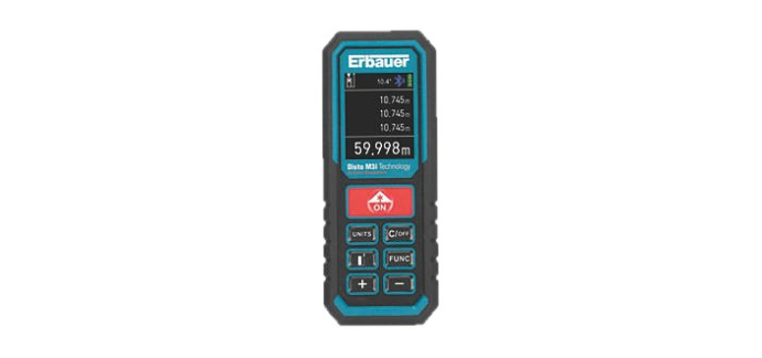 Screwfix: Télémètre Erbauer E_IM2 - IP54, précision 1,5 mm/m à 84,99€ (au lieu de 99,99€)