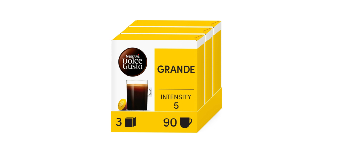 Amazon: 90 Capsules de Café Nescafé Dolce Gusto Grande - Intensité 5, Mélange Arabica & Robusta à 12,48€ (au