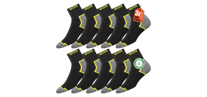 Amazon: Lot de 10 paires de chaussettes de travail mi-hautes noires homme SOXCO - tailles 35-50 à 11,02€