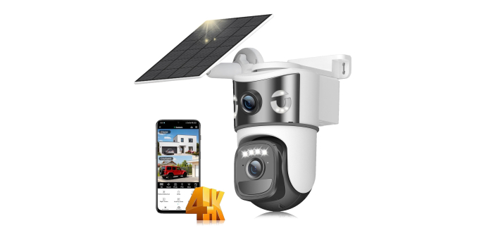 Amazon: Caméra de surveillance WiFi extérieure sans fil - 8MP double objectif, solaire 4K à 59,99€