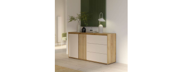 Cdiscount: Buffet ELISTON - Blanc Mat & Chêne - 2 Portes + 3 Tiroirs - L 159,6 × P 41,5 × H 81,7 cm à 249,99€