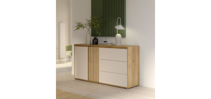 Cdiscount: Buffet ELISTON - Blanc Mat & Chêne - 2 Portes + 3 Tiroirs - L 159,6 × P 41,5 × H 81,7 cm à 249,99€