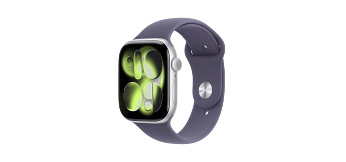 Amazon: Apple Watch Series 11 GPS + cellulaire - 46 mm, boîtier aluminium argenté, bracelet sport violet à 3