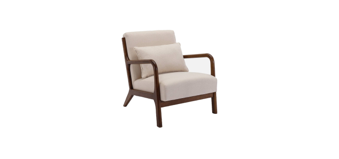 Sweeek: Fauteuil tissu beige - bois d'hévéa teinté noyer à 119,99€ (au lieu de 199,99€)