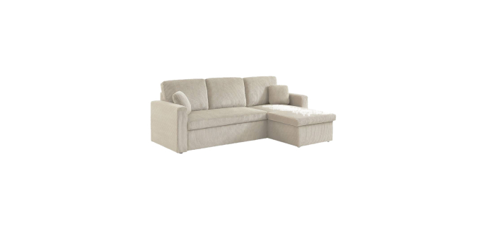 Sweeek: Canapé d'angle velours côtelé grosse côte greige - Convertible, coffre de rangement à 419,99€