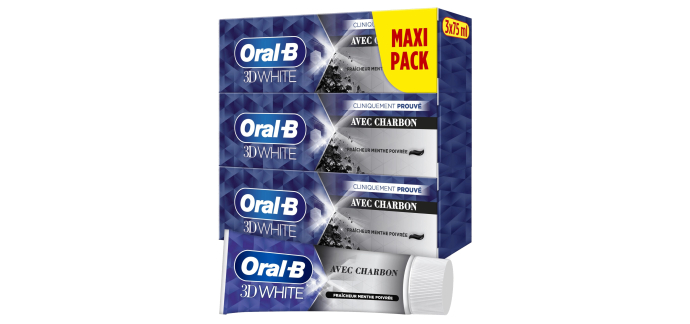 Amazon: Dentifrice Oral-B Charbon 3D White - Pack de 3 x 75ml à 3,63€ (au lieu de 6,76€)