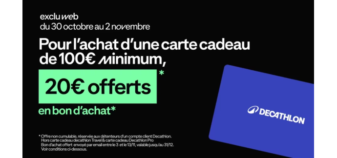 Decathlon: 20€ offerts en bon d'achat pour l'achat d'une carte cadeau de 100€
