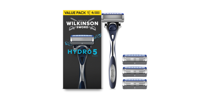 Amazon: Rasoir homme Wilkinson Sword Hydro 5 - Manche + 4 Recharges, 5 Lames Carbone, Gel Hydratant Aloe Ver