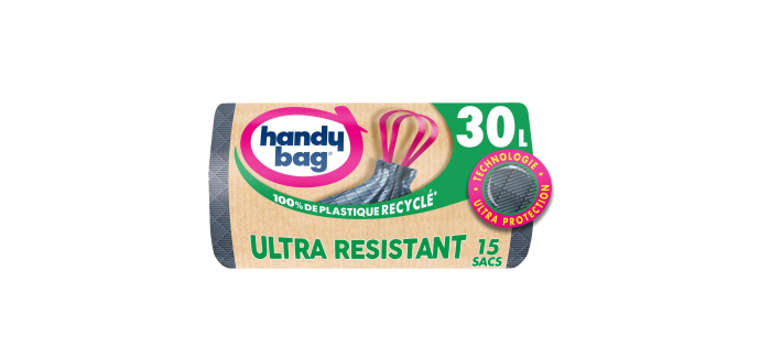 Amazon: Rouleau de 15 sacs poubelle Handy Bag - Poignées coulissantes, 30L à 2,03€ (via prévoyez et économis