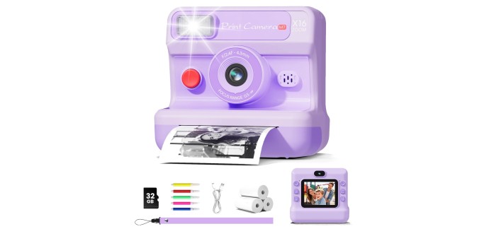 Amazon: Appareil photo instantané enfant - Écran 2,4" 1080P HD, double objectif, violet à 25,75€