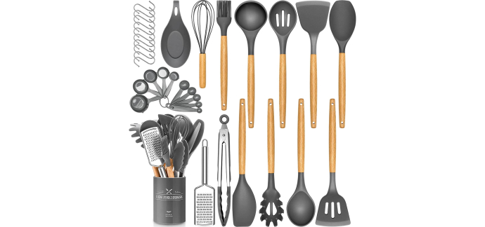 Amazon: Batterie de cuisine 34 pièces en silicone DLD - Poignées bois, résistant 248°C à 14,99€