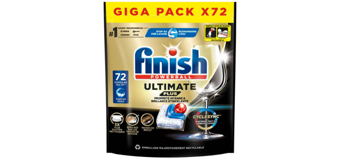 JoyBuy: FINISH Ultimate Plus Tablettes lave-vaisselle Tout en 1 CycleSync 4 actions 72 tablettes à 9,90€