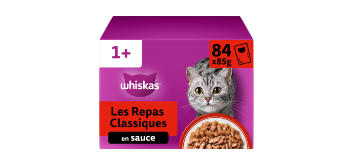 Amazon: Whiskas Les Repas Classiques - 84 repas humides en sauce pour chats (84×85g) à 24,04€ (au lieu de 38