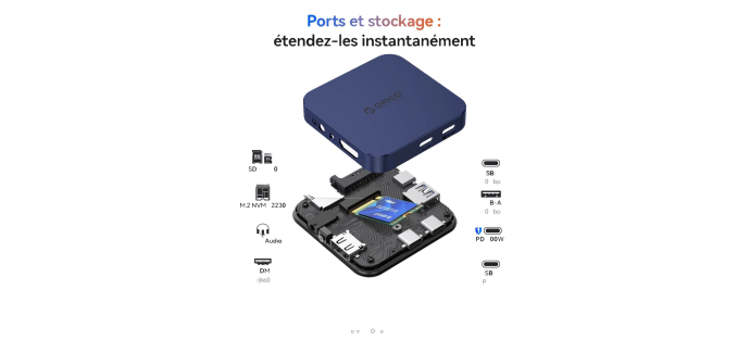 Amazon: Station d'accueil Orico magnétique USB-C 8-en-1 avec boîtier SSD M.2 NVMe, HDMI 4K@60Hz, PD 100W à 3