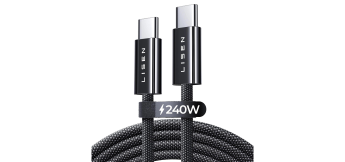 Amazon: Câble USB-C vers USB-C Lisen 240 W, 2 m - Charge Rapide PD 3.1 / QC 4.0, Nylon Tressé, Puce E-Marker